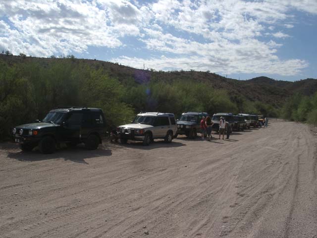 Land Rovers queing at Butcher Jones