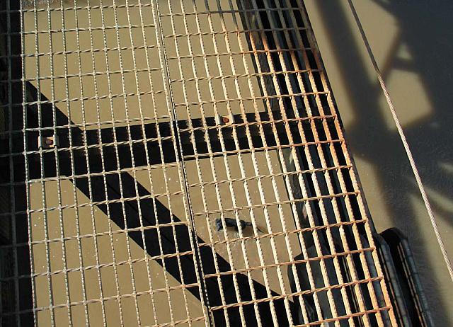 Shadow swims across the river under the bridge
