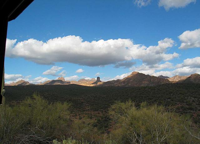 The hills in the distance.