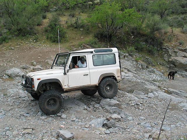 Leo drives over some rocks as Shadow watches