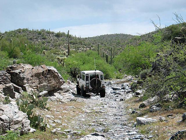 Leo drives down the stream bed