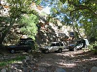 Our trucks pose on the dry creek bed as we depart in the morning for the rest of the journey.